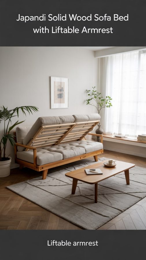 Japandi Solid Wood Sofa Bed with Liftable Armrest for Small Spaces