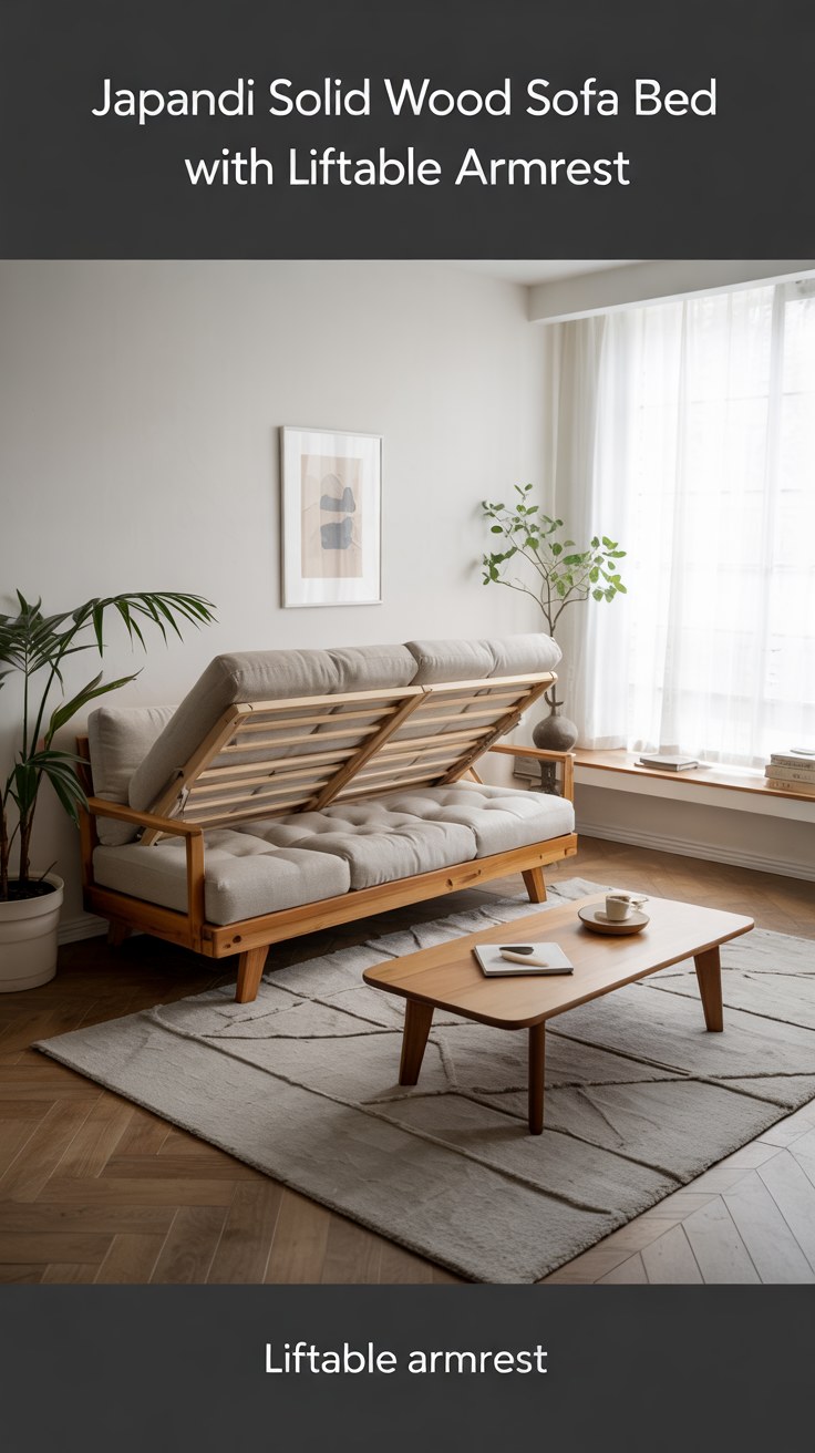 Japandi Solid Wood Sofa Bed with Liftable Armrest for Small Spaces