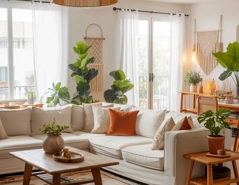 Boho Living Room Decor: Woven Pendant Light & Natural Textures