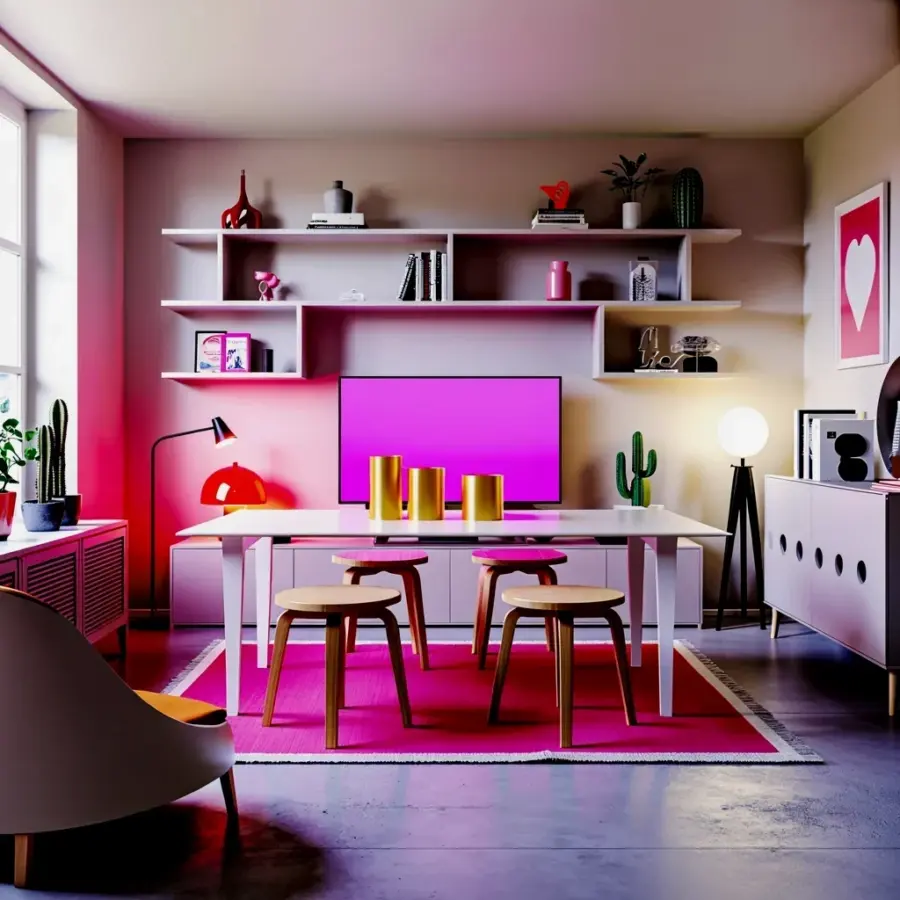Before and after: my pink and white living room transformation with neon glow & floating shelves