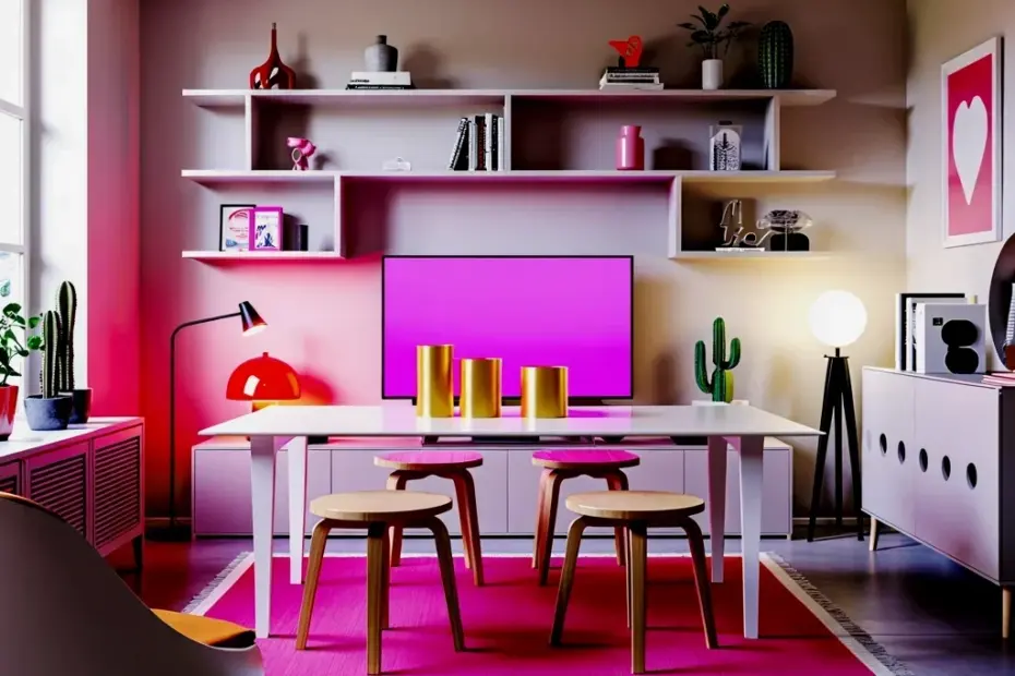 Before and after: my pink and white living room transformation with neon glow & floating shelves